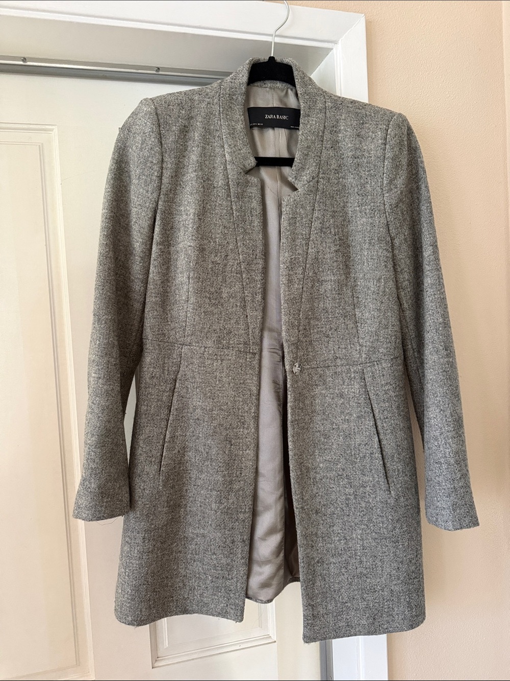 Zara Women's Light Gray Collarless Wool-Blend Trench Coat
